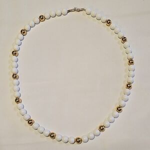 MCM VTG Napier White Bead Necklace with Gold Spacer Beads Signed 23"
